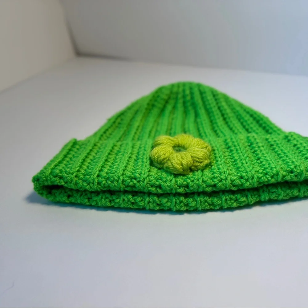 Green Crochet Beanie with Flower - Picture 4 of 4
